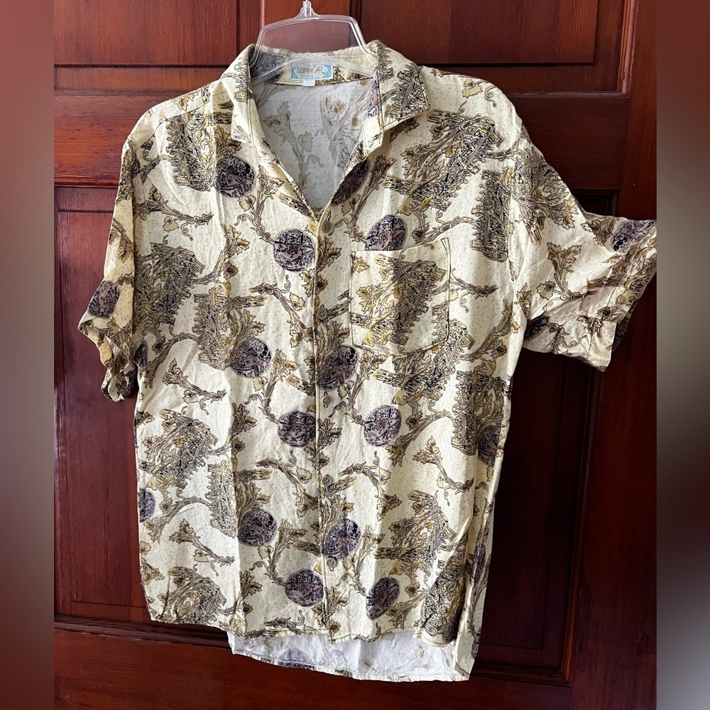 Vintage Super R Roulico Baroque Print Button-Up Shirt Men’s Small Beige Gold